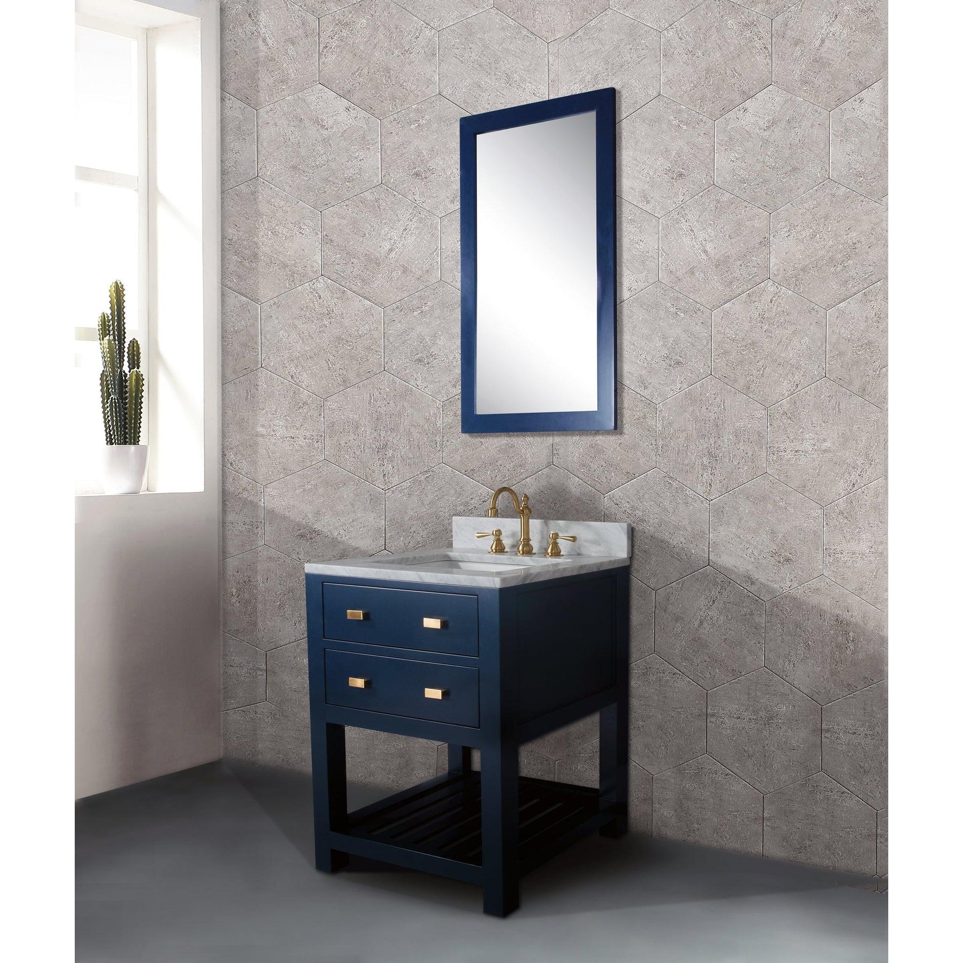 Water Creation Madalyn 24" Monarch Blue Single Sink Bathroom Vanity With F2-0012 Satin Gold Faucet And Mirror