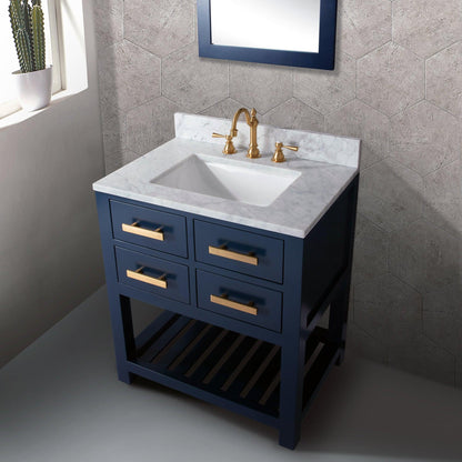 Water Creation Madalyn 30" Monarch Blue Single Sink Bathroom Vanity With F2-0012 Satin Gold Faucet And Mirror