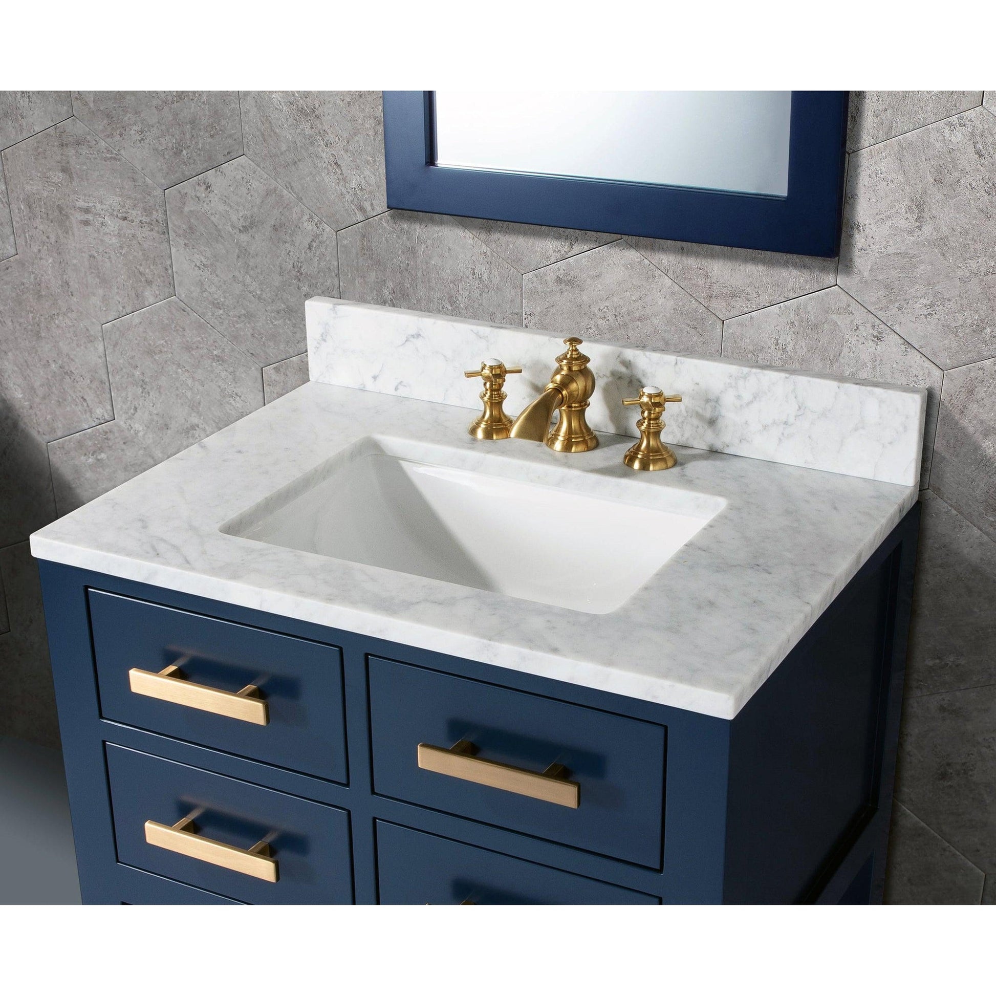 Water Creation Madalyn 30" Monarch Blue Single Sink Bathroom Vanity With F2-0013 Satin Gold Faucet And Mirror
