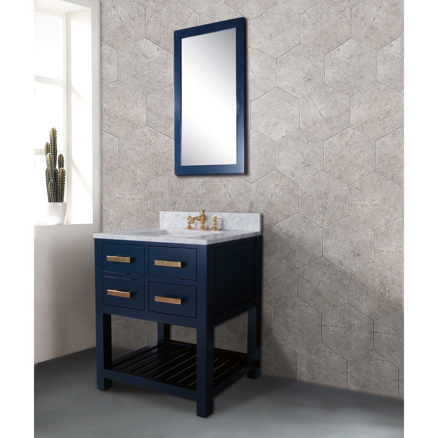 Water Creation Madalyn 30" Monarch Blue Single Sink Bathroom Vanity With F2-0013 Satin Gold Faucet And Mirror