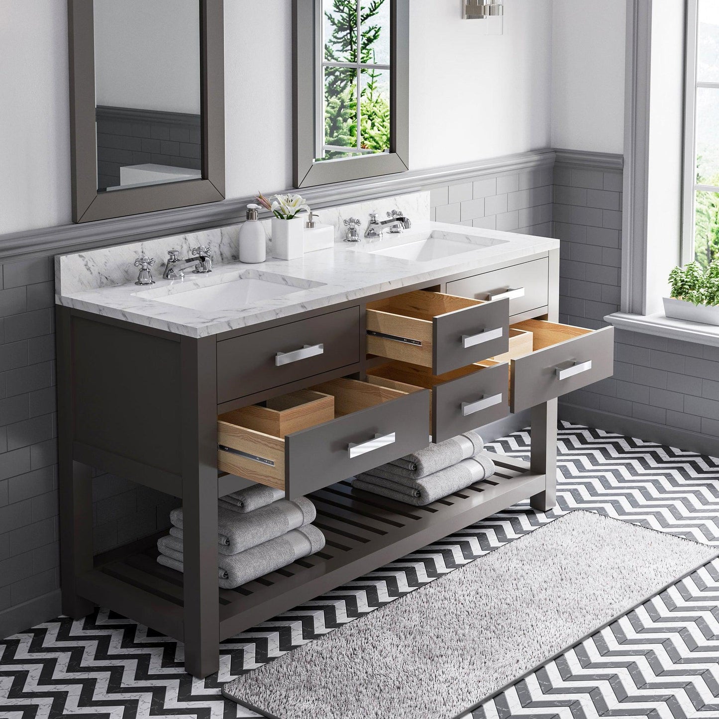 Water Creation Madalyn 60" Cashmere Grey Double Sink Bathroom Vanity With 2 Matching Framed Mirrors And Faucets