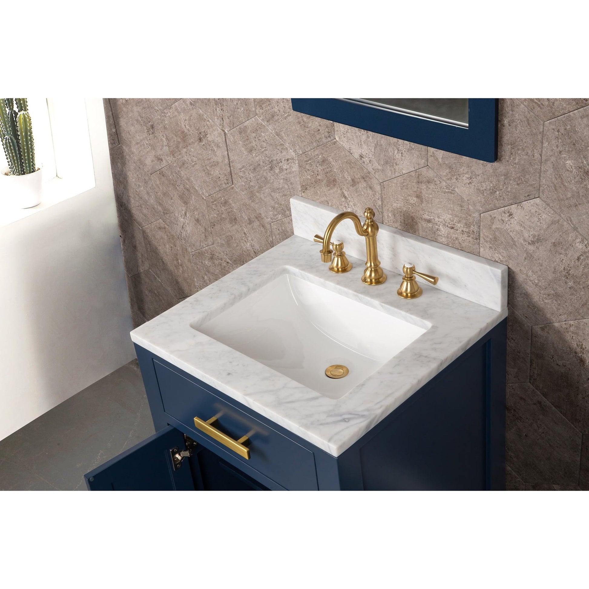 Water Creation Madison 24" Single Sink Carrara White Marble Vanity In Monarch Blue With Matching Mirror and F2-0012-06-TL Lavatory Faucet