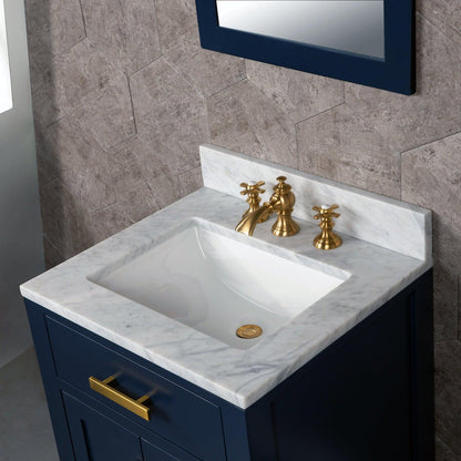 Water Creation Madison 24" Single Sink Carrara White Marble Vanity In Monarch Blue With Matching Mirror and F2-0013-06-FX Lavatory Faucet