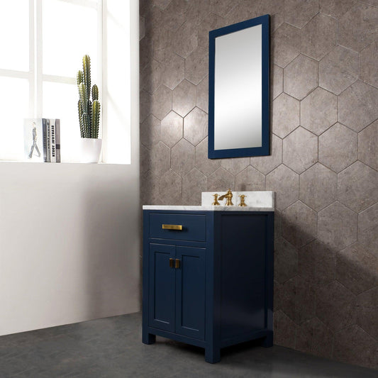Water Creation Madison 24" Single Sink Carrara White Marble Vanity In Monarch Blue With Matching Mirror