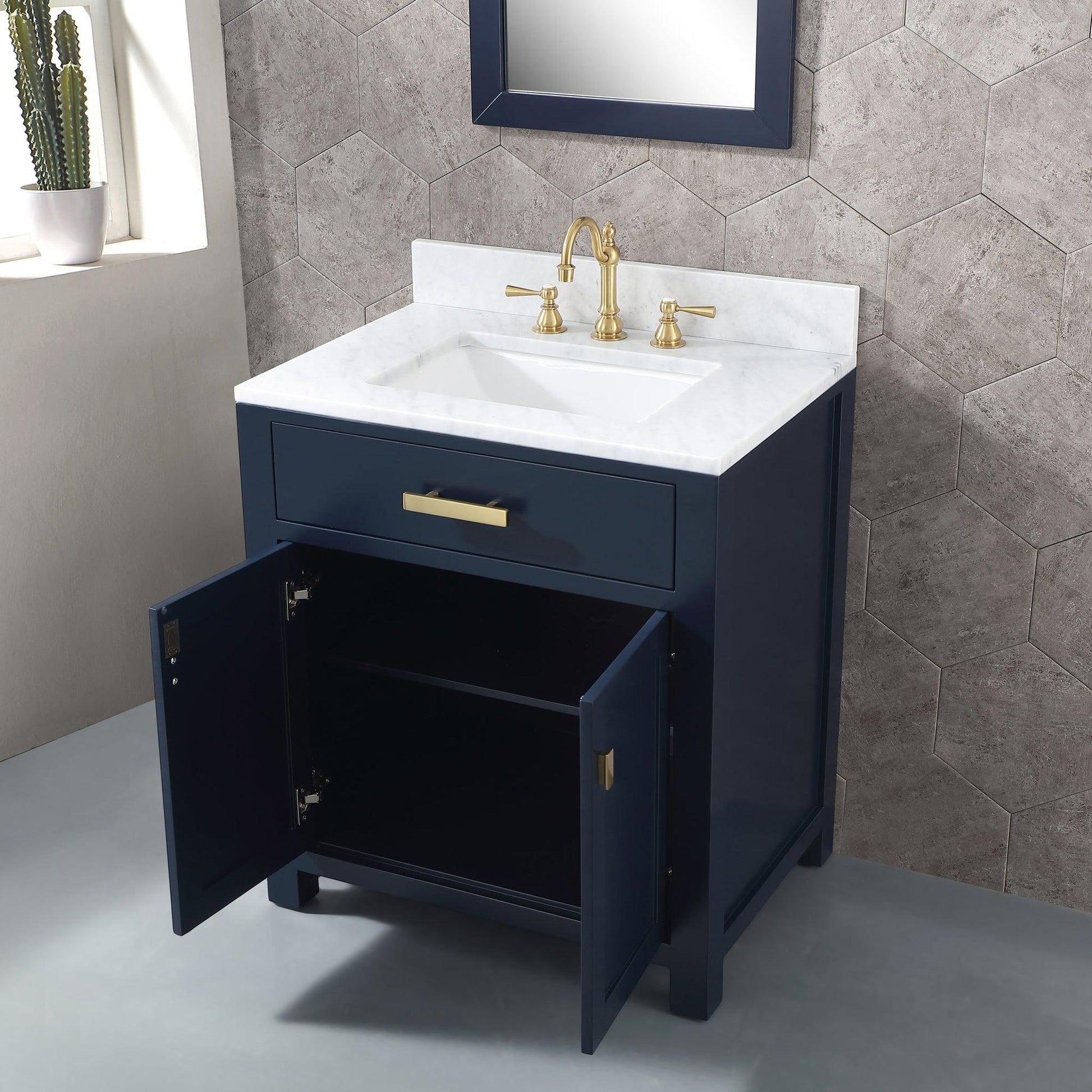 Water Creation Madison 30" Single Sink Carrara White Marble Vanity In Monarch Blue