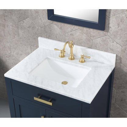 Water Creation Madison 30" Single Sink Carrara White Marble Vanity In Monarch Blue With F2-0012-06-TL Lavatory Faucet