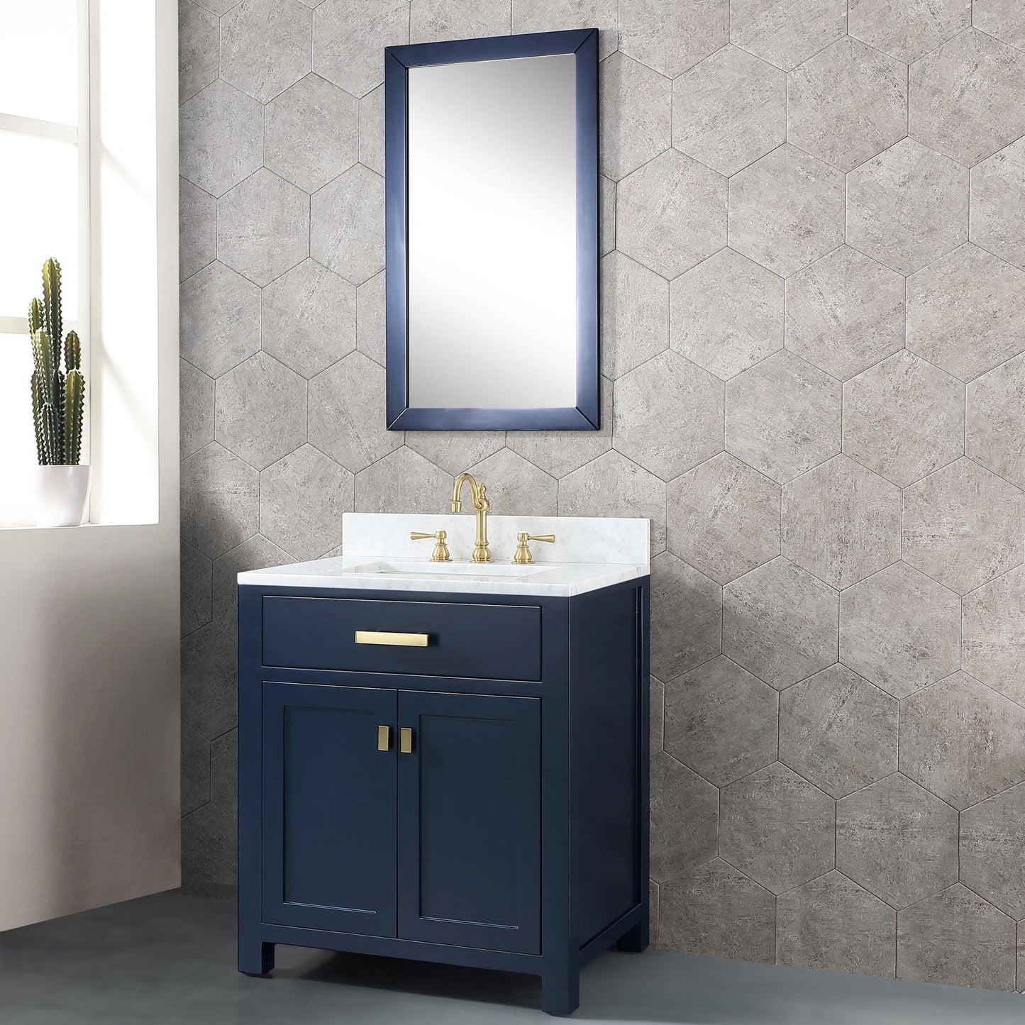 Water Creation Madison 30" Single Sink Carrara White Marble Vanity In Monarch Blue With F2-0012-06-TL Lavatory Faucet