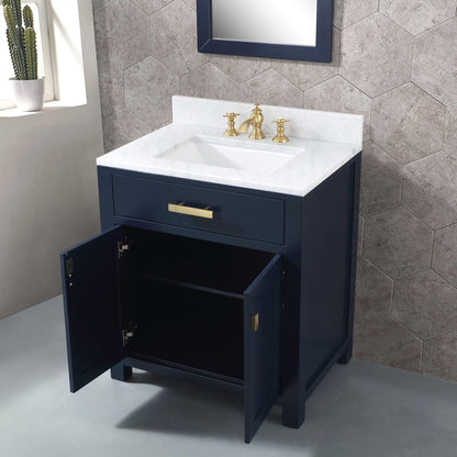 Water Creation Madison 30" Single Sink Carrara White Marble Vanity In Monarch Blue With Matching Mirror