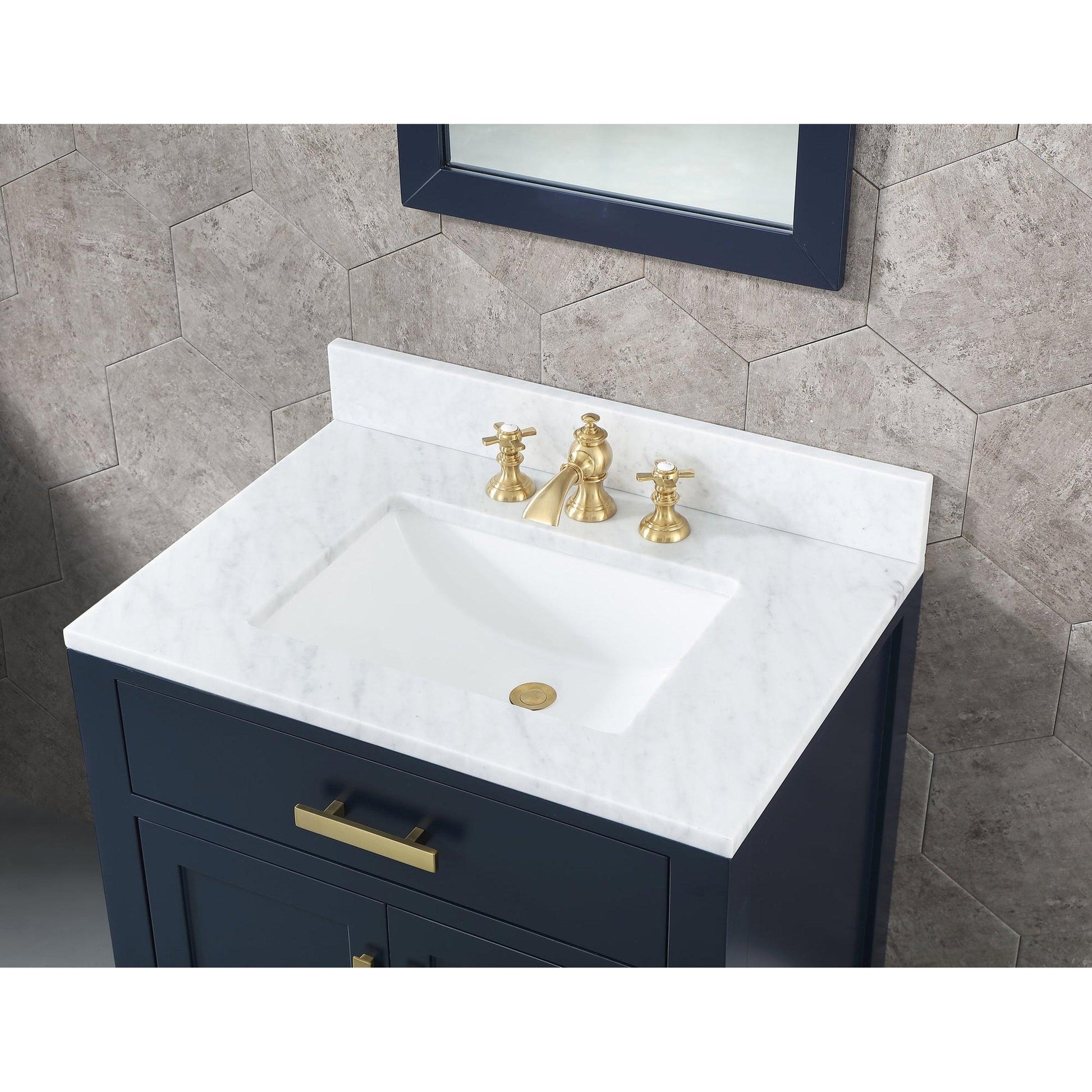 Water Creation Madison 30" Single Sink Carrara White Marble Vanity In Monarch Blue With Matching Mirror