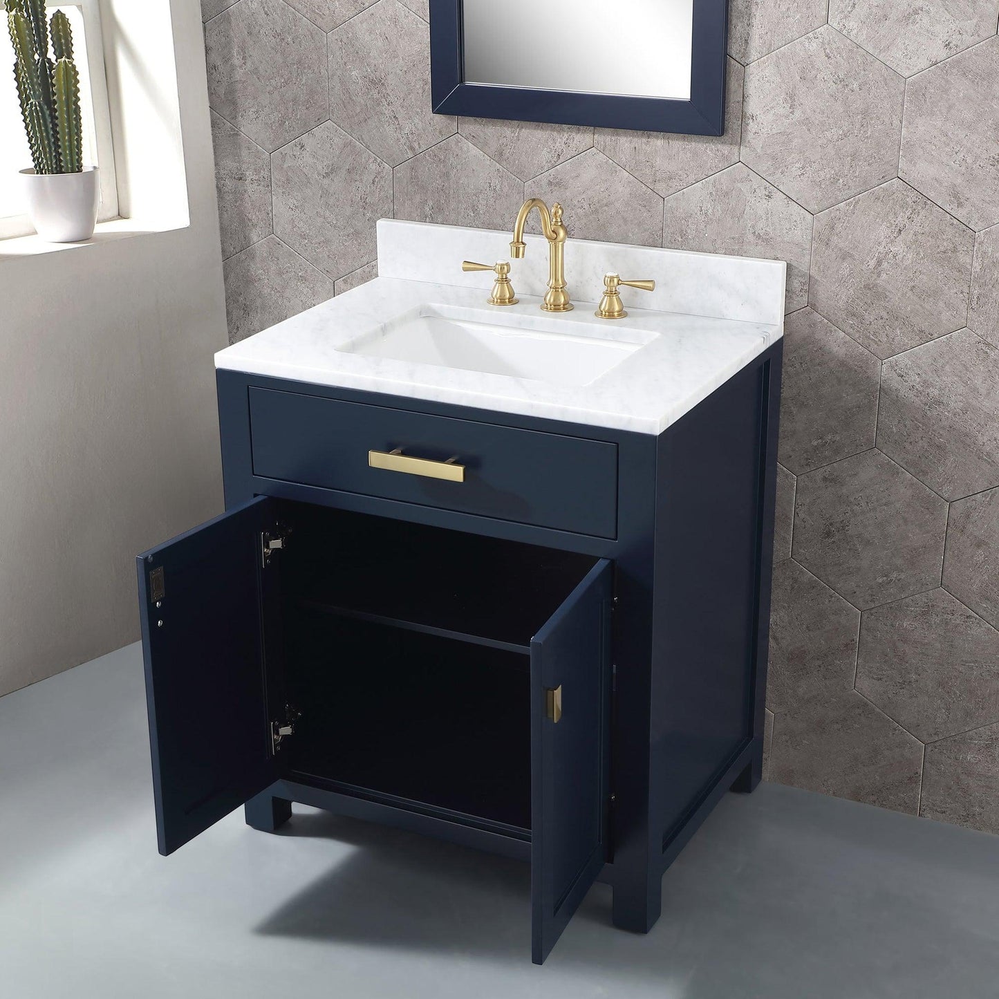 Water Creation Madison 30" Single Sink Carrara White Marble Vanity In Monarch Blue With Matching Mirror and F2-0012-06-TL Lavatory Faucet