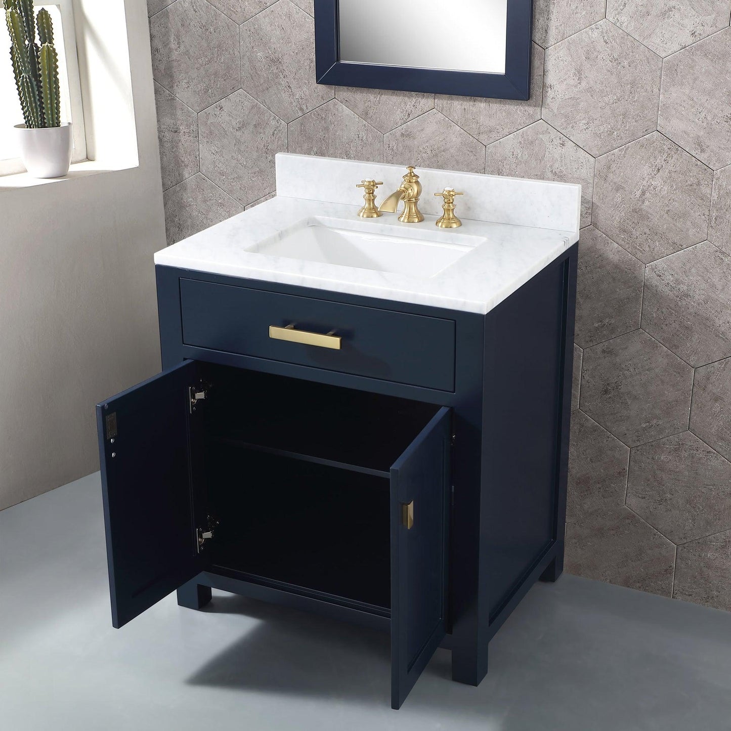 Water Creation Madison 30" Single Sink Carrara White Marble Vanity In Monarch Blue With Matching Mirror and F2-0013-06-FX Lavatory Faucet