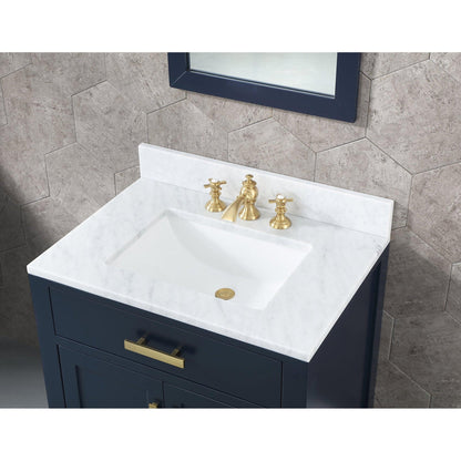 Water Creation Madison 30" Single Sink Carrara White Marble Vanity In Monarch Blue With Matching Mirror and F2-0013-06-FX Lavatory Faucet