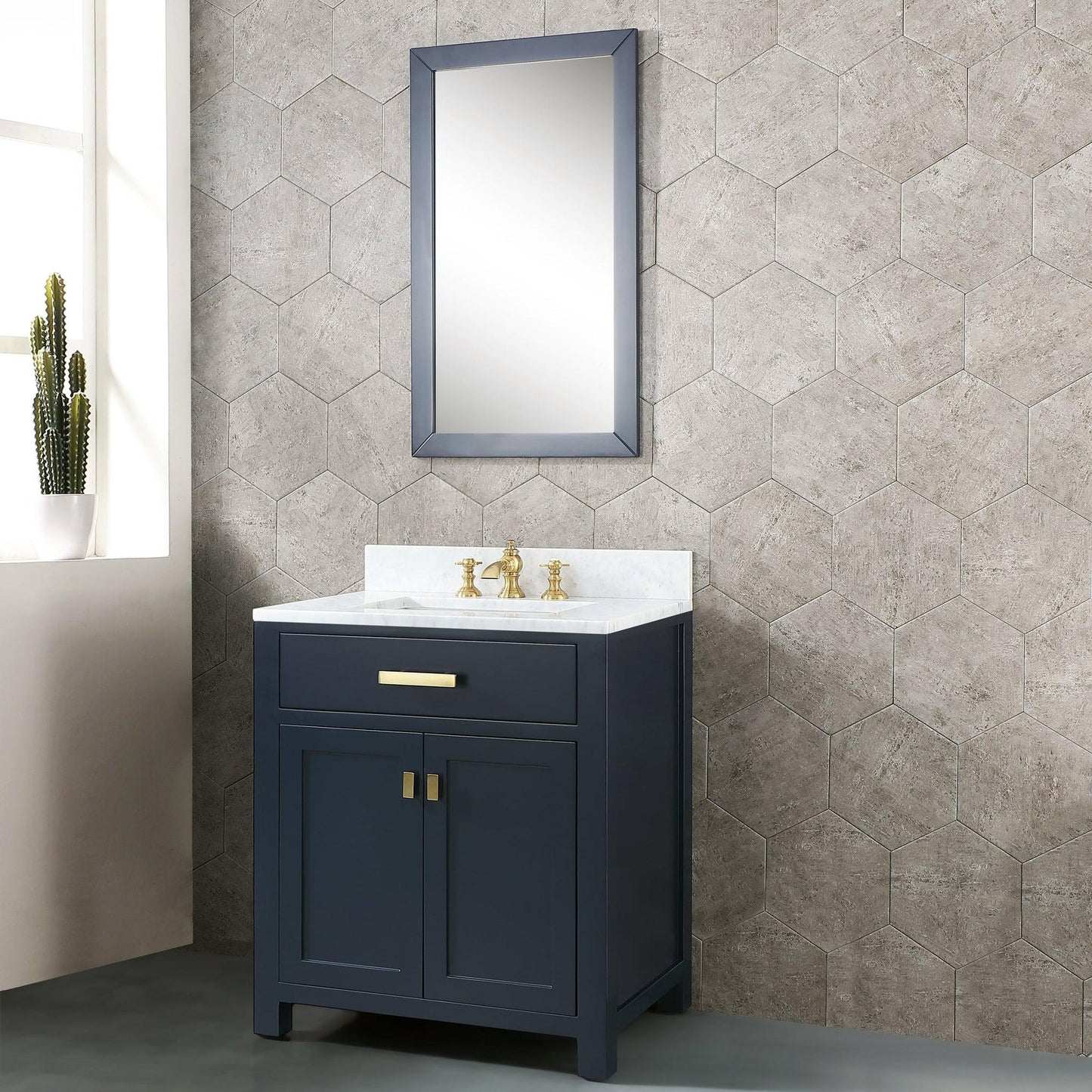 Water Creation Madison 30" Single Sink Carrara White Marble Vanity In Monarch Blue With Matching Mirror and F2-0013-06-FX Lavatory Faucet