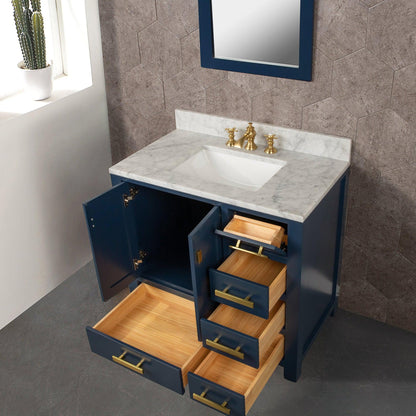 Water Creation Madison 36" Single Sink Carrara White Marble Vanity In Monarch Blue