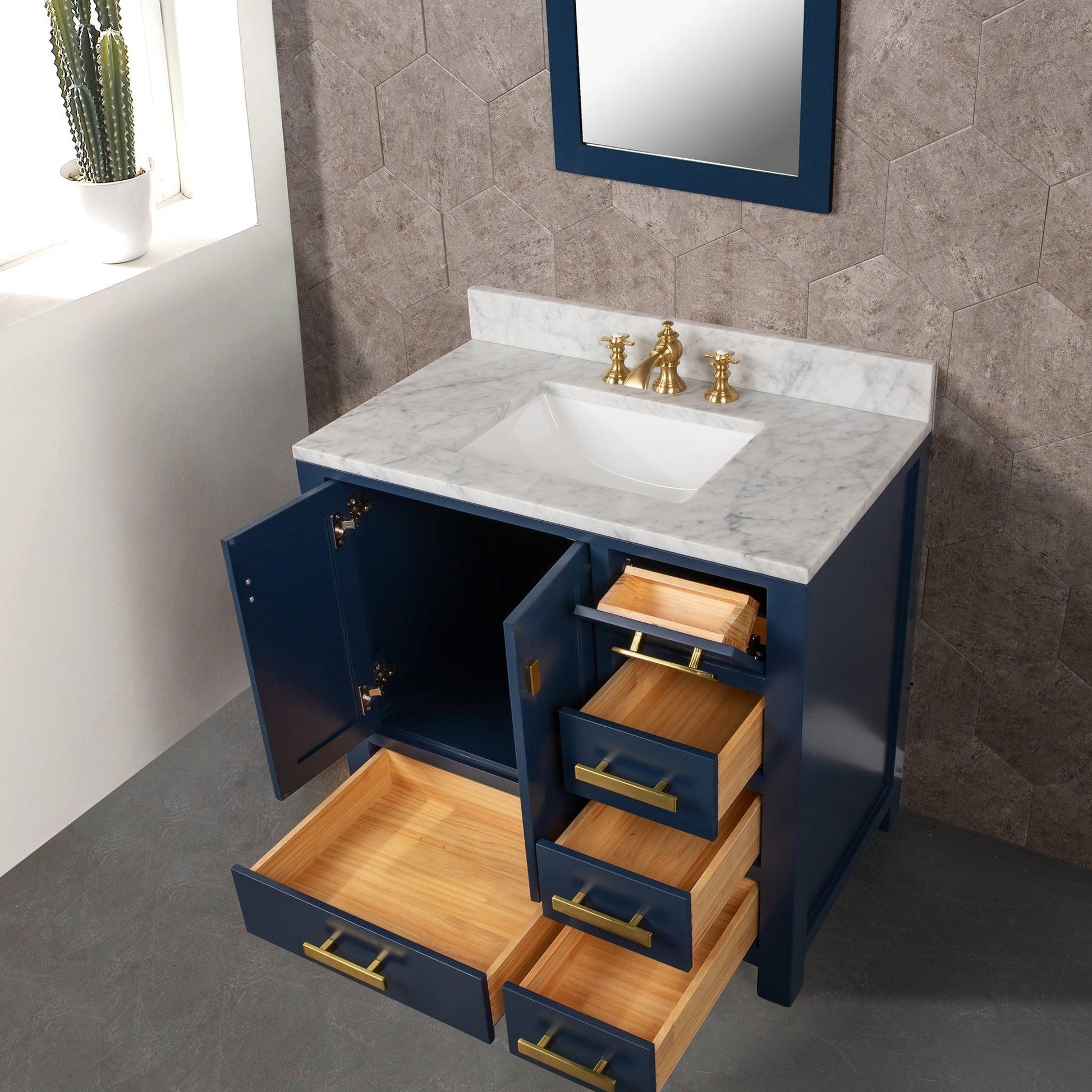 Water Creation Madison 36" Single Sink Carrara White Marble Vanity In Monarch Blue With Matching Mirror