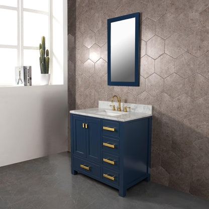 Water Creation Madison 36" Single Sink Carrara White Marble Vanity In Monarch Blue With Matching Mirror and F2-0012-06-TL Lavatory Faucet
