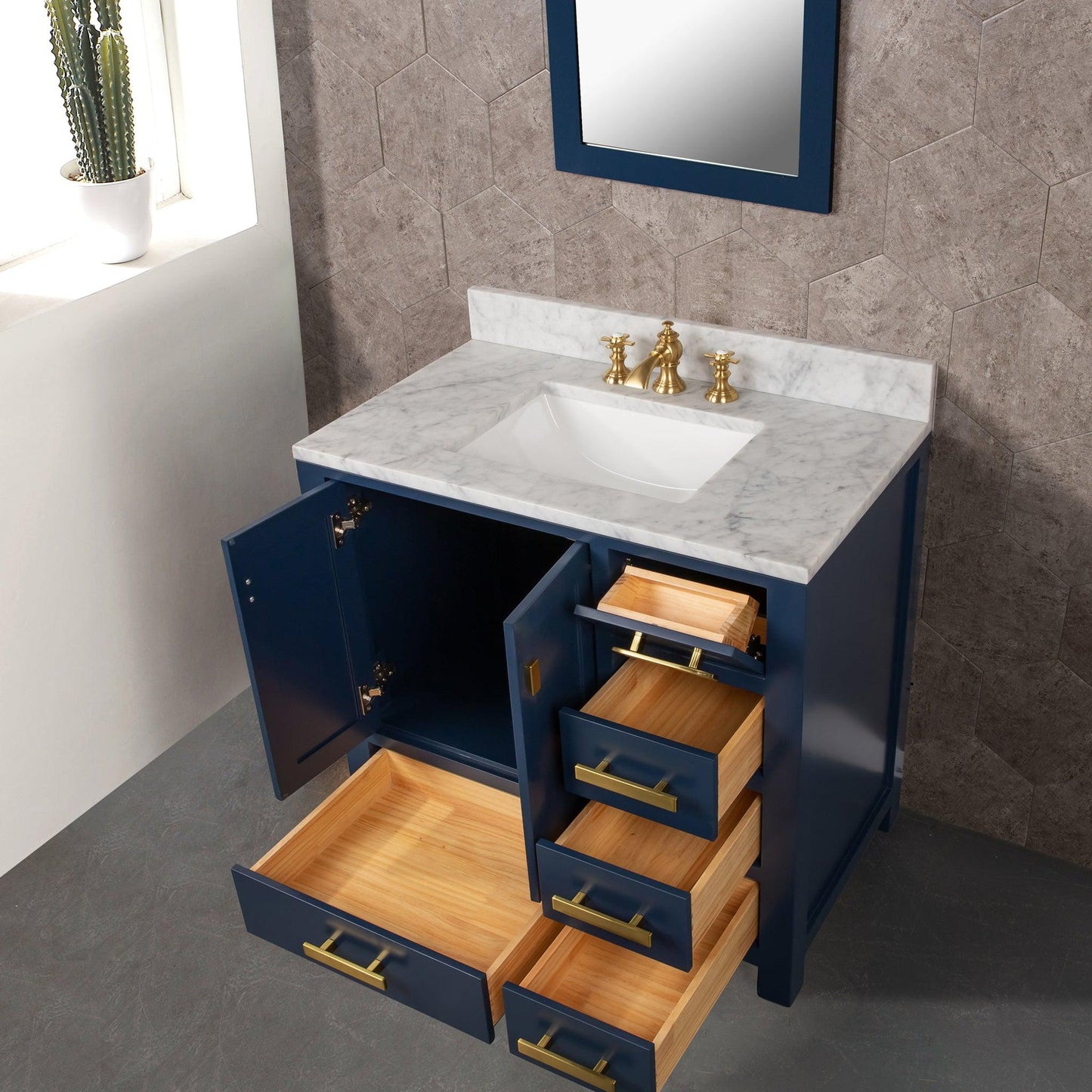 Water Creation Madison 36" Single Sink Carrara White Marble Vanity In Monarch Blue With Matching Mirror and F2-0013-06-FX Lavatory Faucet