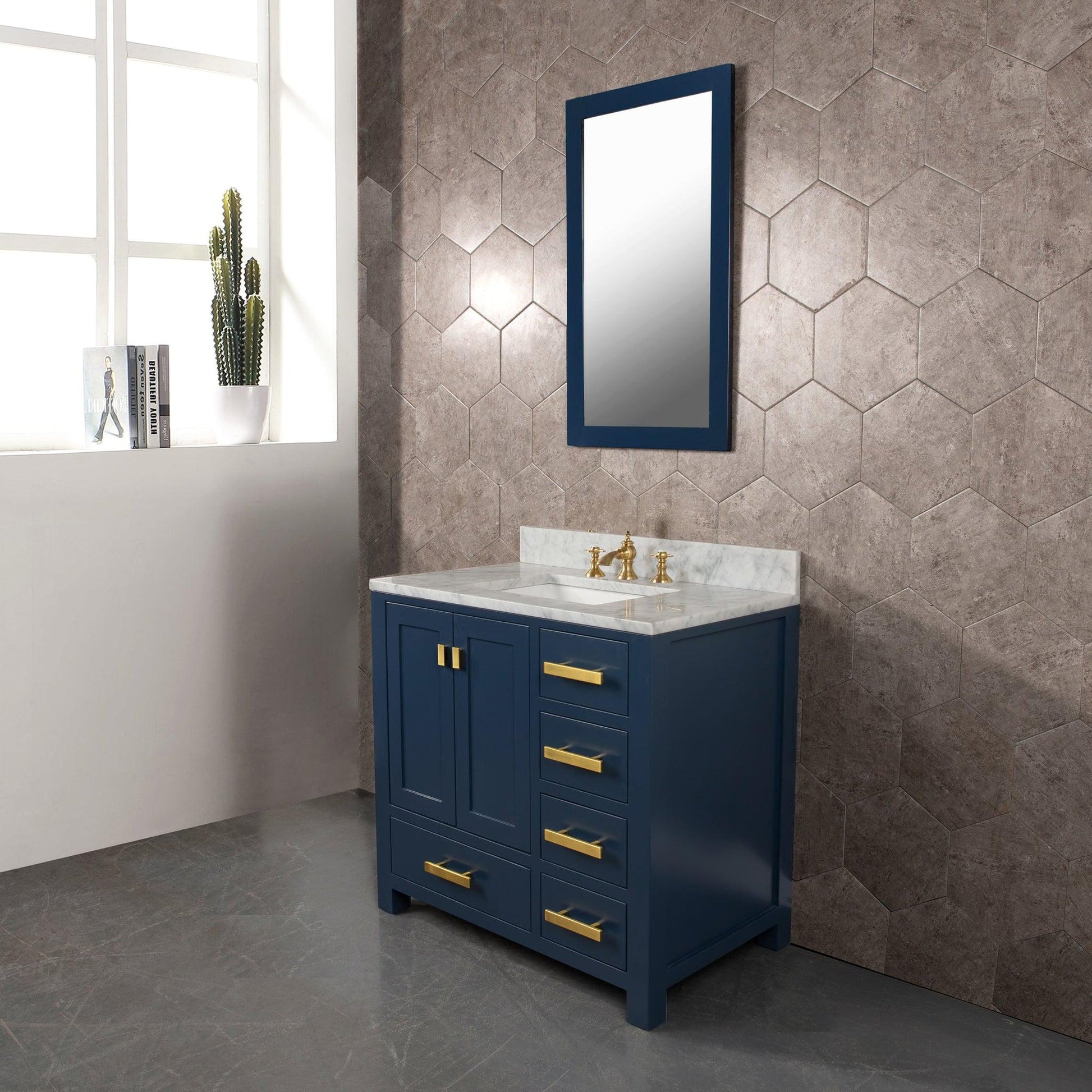 Water Creation Madison 36" Single Sink Carrara White Marble Vanity In Monarch Blue With Matching Mirror and F2-0013-06-FX Lavatory Faucet