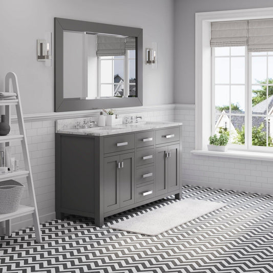 Water Creation Madison 60" Cashmere Grey Double Sink Bathroom Vanity With Matching Framed Mirror And Faucet