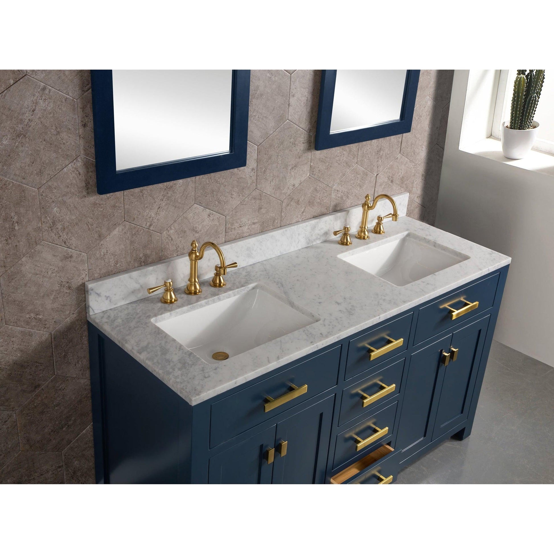 Water Creation Madison 60" Double Sink Carrara White Marble Vanity In Monarch BlueWith F2-0012-06-TL Lavatory Faucet(s)
