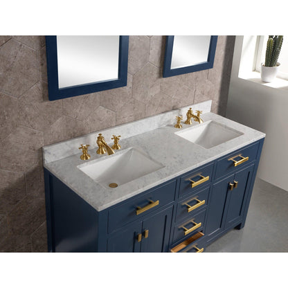 Water Creation Madison 60" Double Sink Carrara White Marble Vanity In Monarch BlueWith F2-0013-06-FX Lavatory Faucet(s)