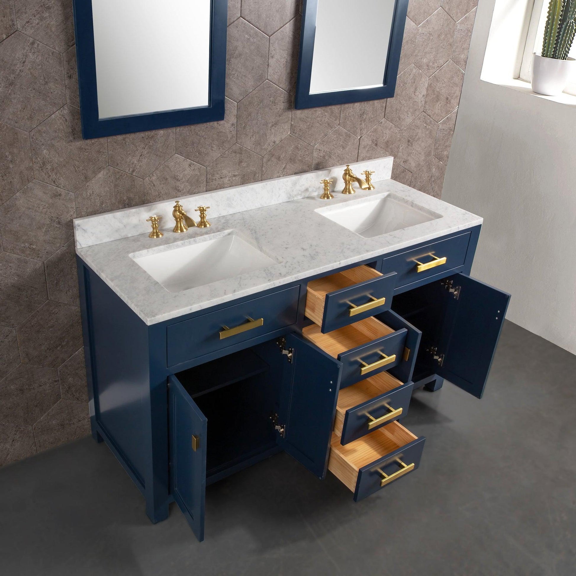 Water Creation Madison 60" Double Sink Carrara White Marble Vanity In Monarch BlueWith F2-0013-06-FX Lavatory Faucet(s)