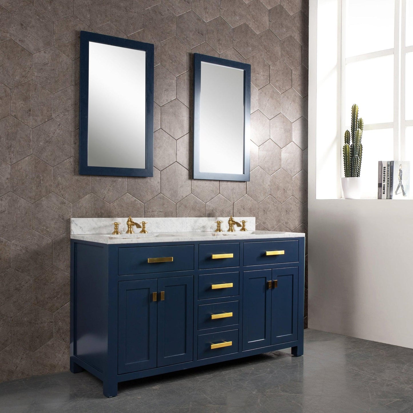 Water Creation Madison 60" Double Sink Carrara White Marble Vanity In Monarch BlueWith F2-0013-06-FX Lavatory Faucet(s)