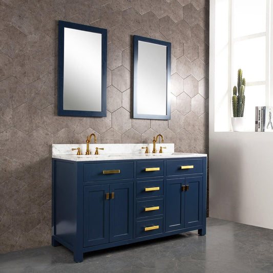 Water Creation Madison 60" Double Sink Carrara White Marble Vanity In Monarch BlueWith Matching Mirror(s) and F2-0012-06-TL Lavatory Faucet(s)