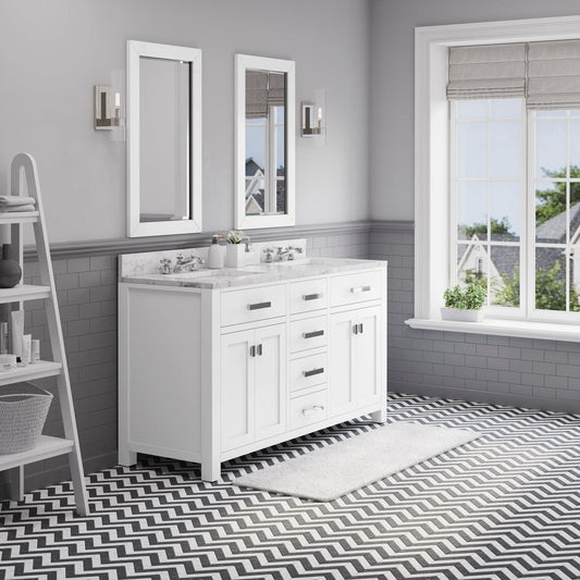 Water Creation Madison 60" Pure White Double Sink Bathroom Vanity With 2 Matching Framed Mirrors