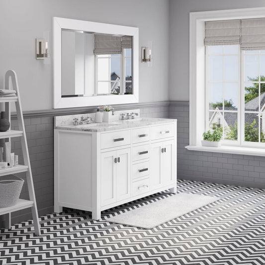 Water Creation Madison 60" Pure White Double Sink Bathroom Vanity With Matching Framed Mirror And Faucet