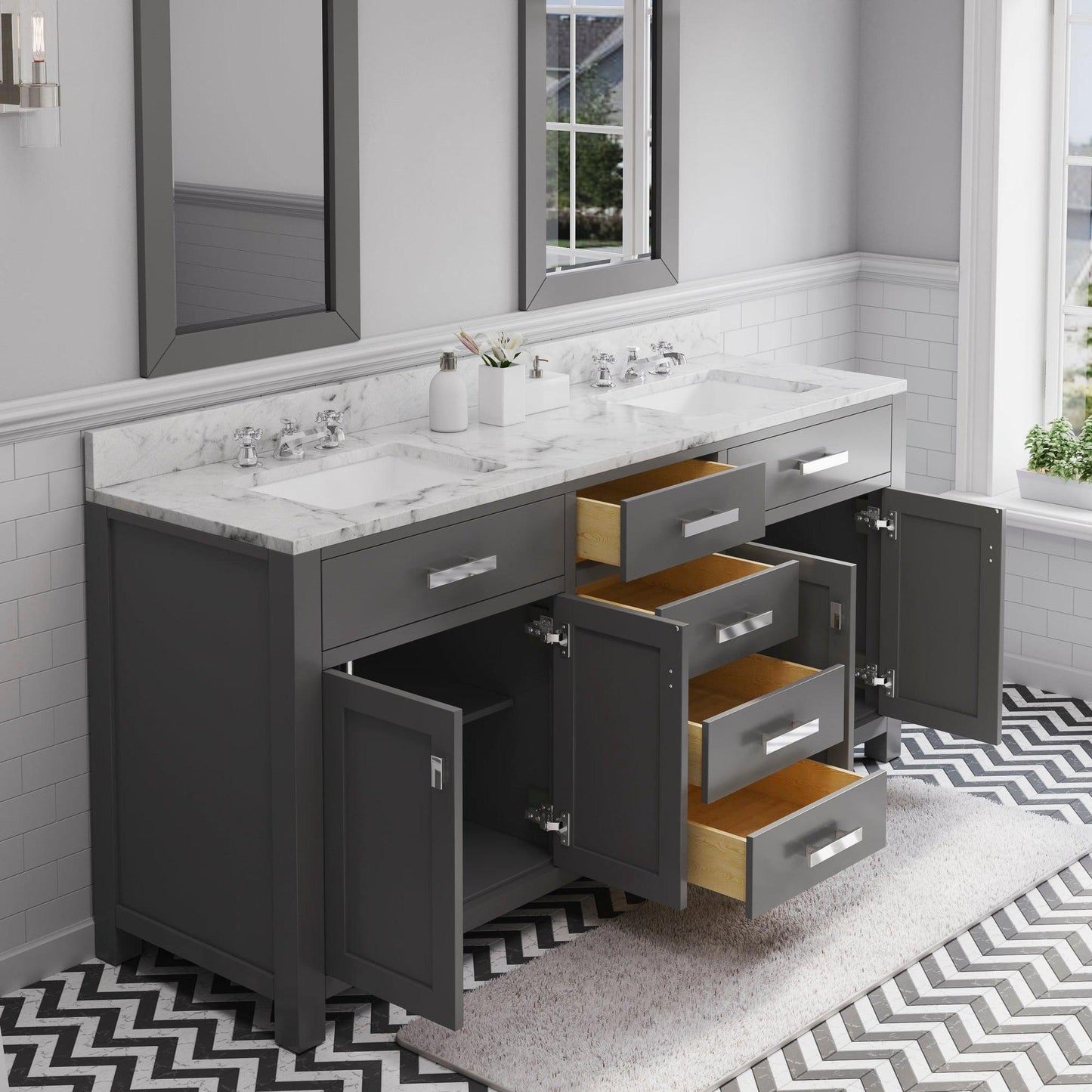 Water Creation Madison 72" Cashmere Grey Double Sink Bathroom Vanity With 2 Matching Framed Mirrors And Faucets