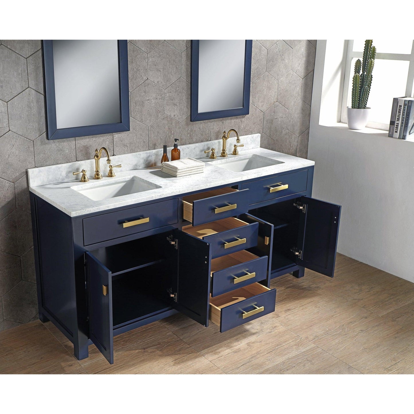 Water Creation Madison 72" Double Sink Carrara White Marble Vanity In Monarch Blue With F2-0012-06-TL Lavatory Faucet(s)
