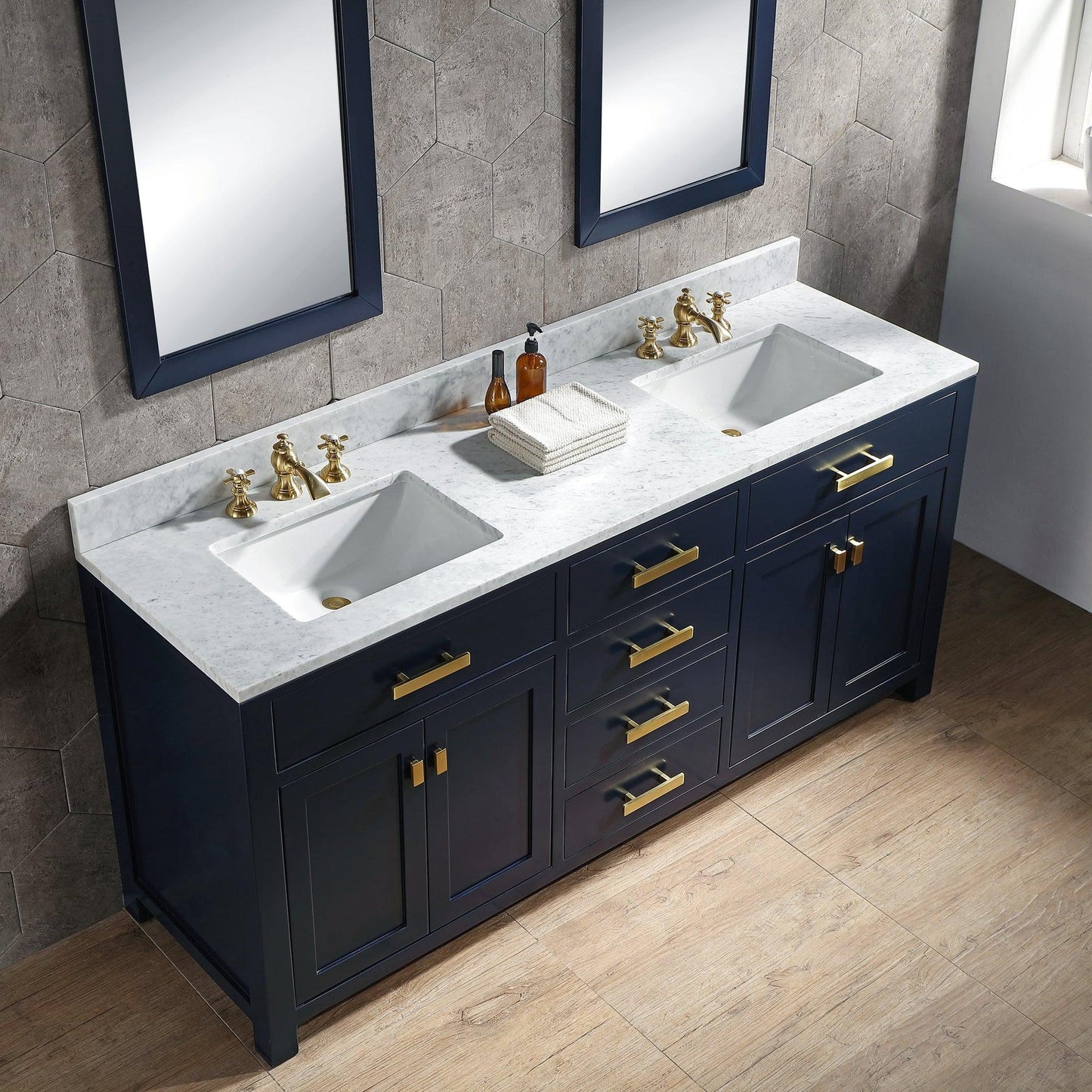 Water Creation Madison 72" Double Sink Carrara White Marble Vanity In Monarch Blue With F2-0013-06-FX Lavatory Faucet(s)