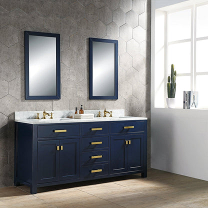 Water Creation Madison 72" Double Sink Carrara White Marble Vanity In Monarch Blue With F2-0013-06-FX Lavatory Faucet(s)