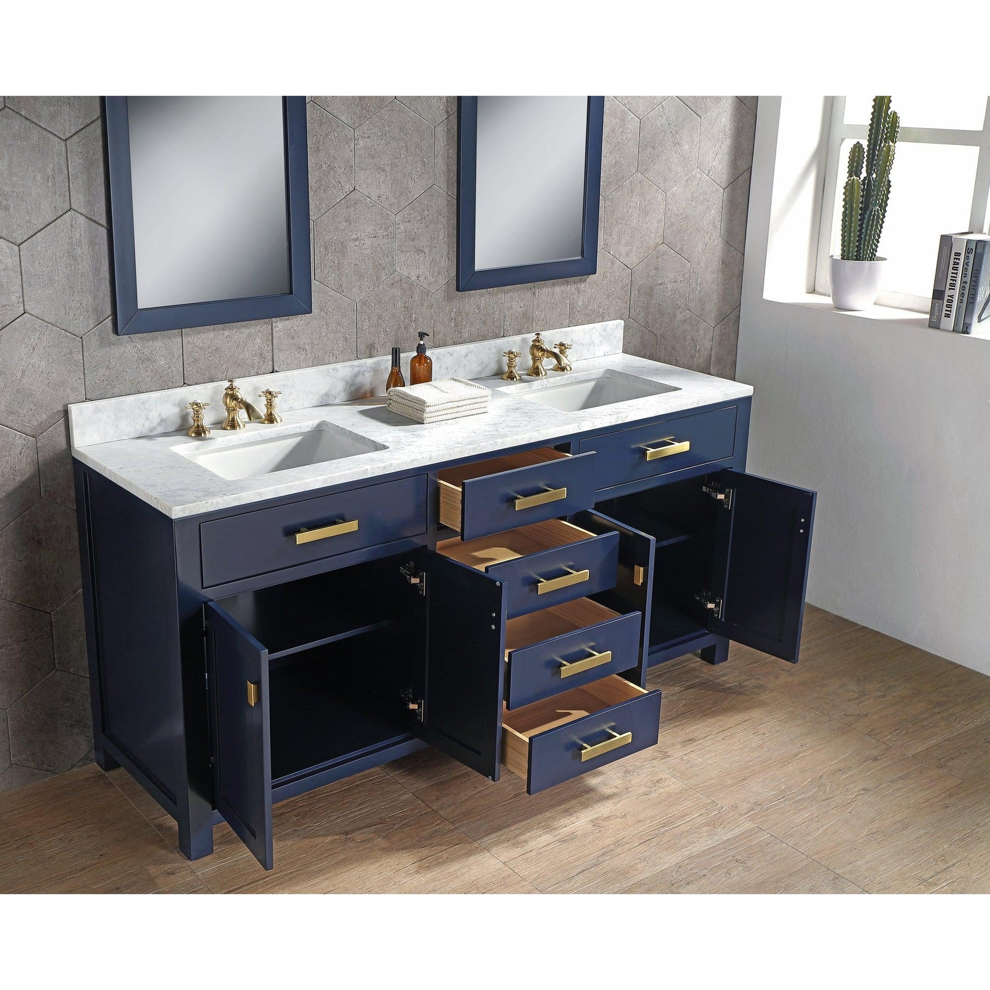 Water Creation Madison 72" Double Sink Carrara White Marble Vanity In Monarch Blue With Matching Mirror(s)