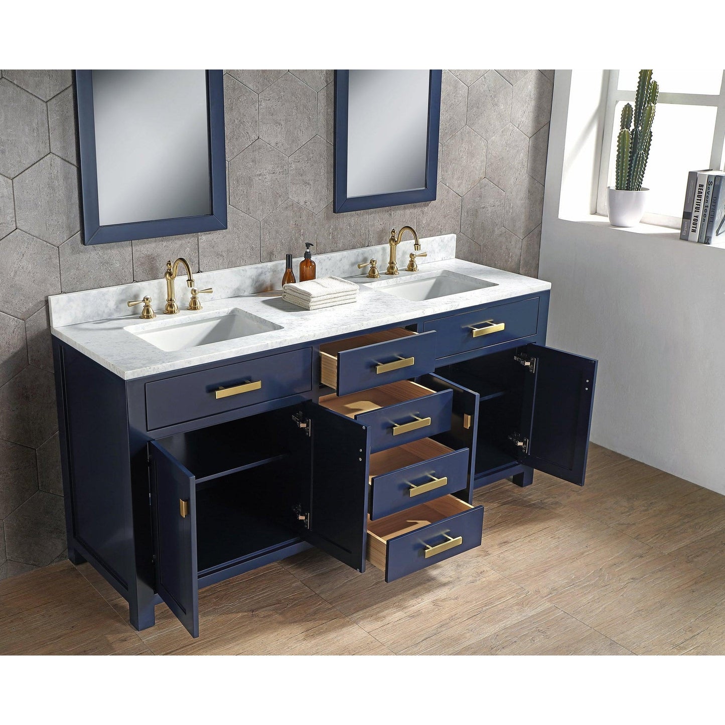 Water Creation Madison 72" Double Sink Carrara White Marble Vanity In Monarch Blue With Matching Mirror(s) and F2-0012-06-TL Lavatory Faucet(s)