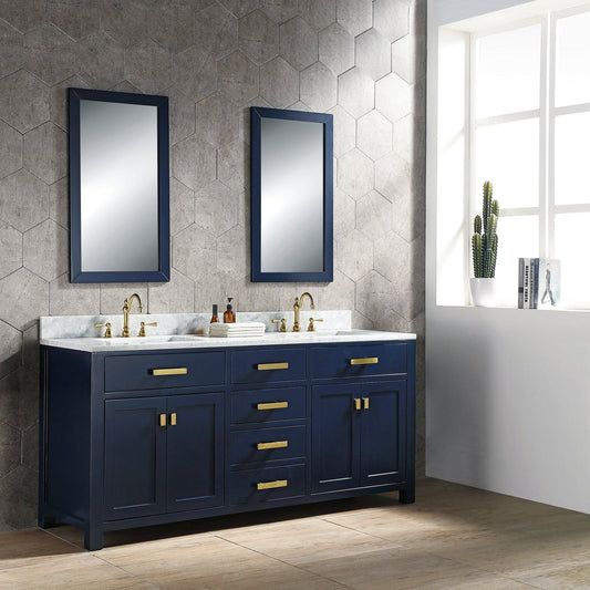 Water Creation Madison 72" Double Sink Carrara White Marble Vanity In Monarch Blue With Matching Mirror(s) and F2-0012-06-TL Lavatory Faucet(s)