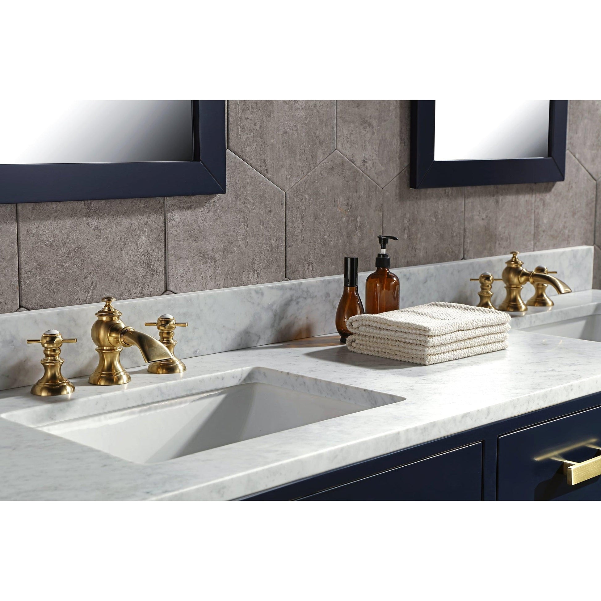 Water Creation Madison 72" Double Sink Carrara White Marble Vanity In Monarch Blue With Matching Mirror(s) and F2-0013-06-FX Lavatory Faucet(s)