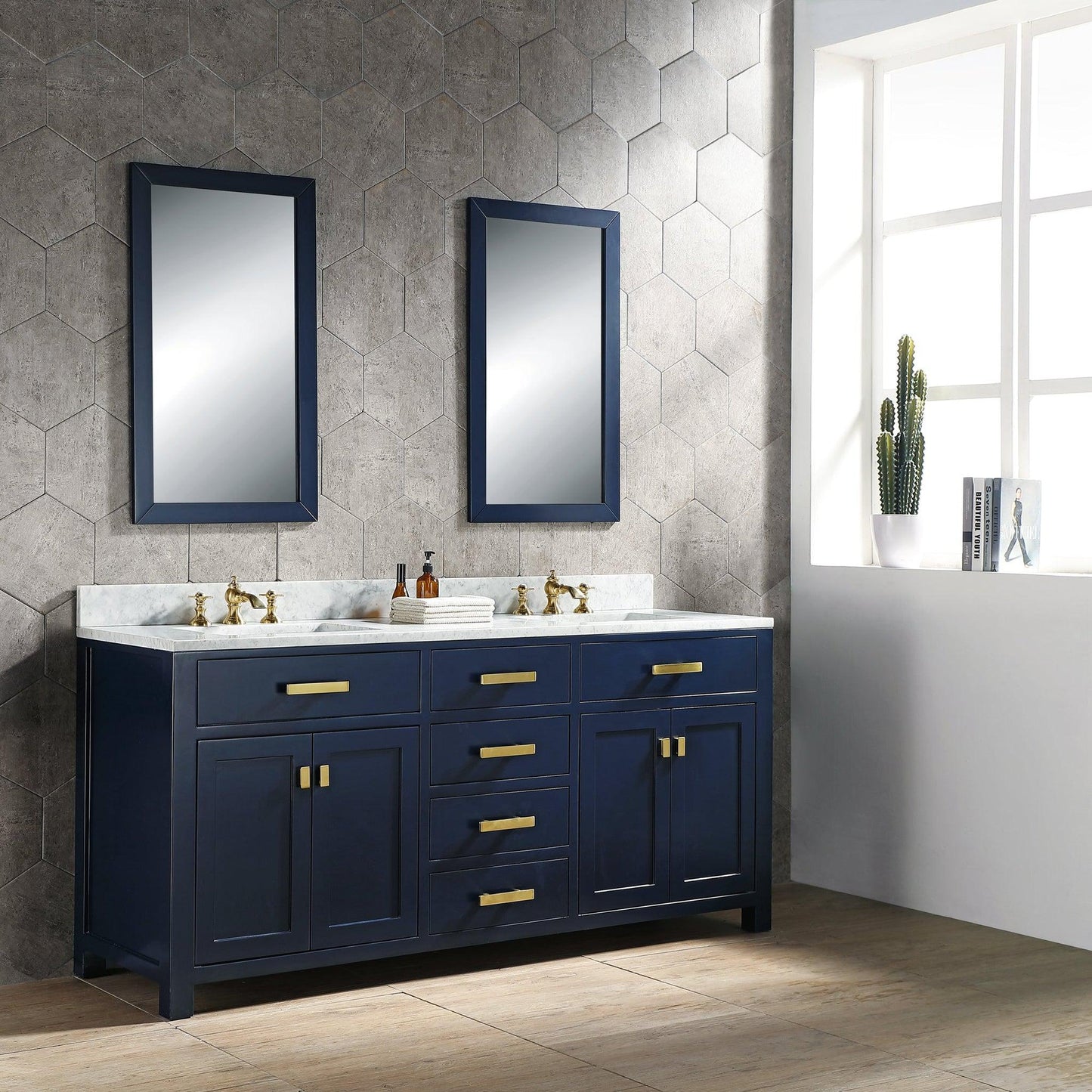 Water Creation Madison 72" Double Sink Carrara White Marble Vanity In Monarch Blue With Matching Mirror(s)