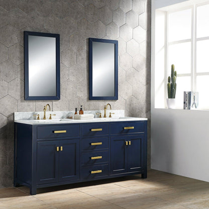 Water Creation Madison 72" Double Sink Carrara White Marble Vanity In Monarch Blue