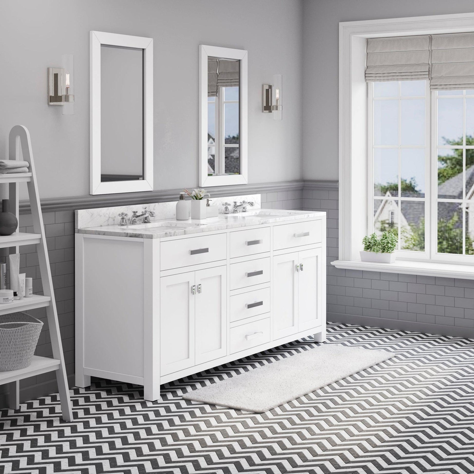 Water Creation Madison 72" Pure White Double Sink Bathroom Vanity With 2 Matching Framed Mirrors And Faucets