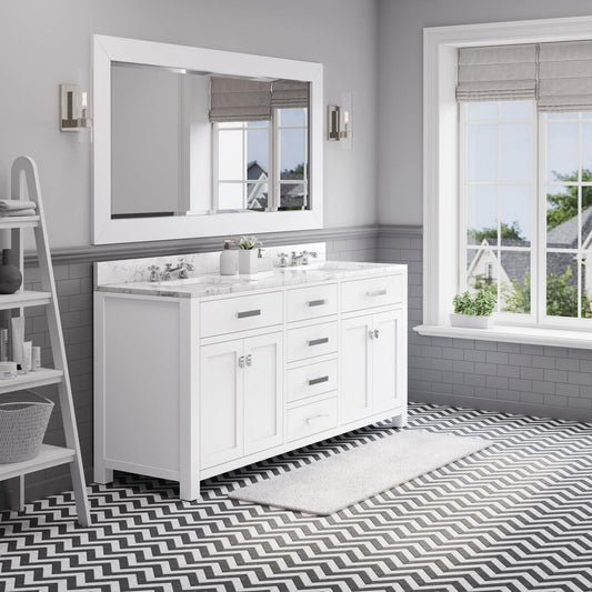 Water Creation Madison 72" Pure White Double Sink Bathroom Vanity With Matching Framed Mirror And Faucet