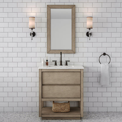 Water Creation Oakman 30" Single Sink Carrara White Marble Countertop Bath Vanity in Grey Oak