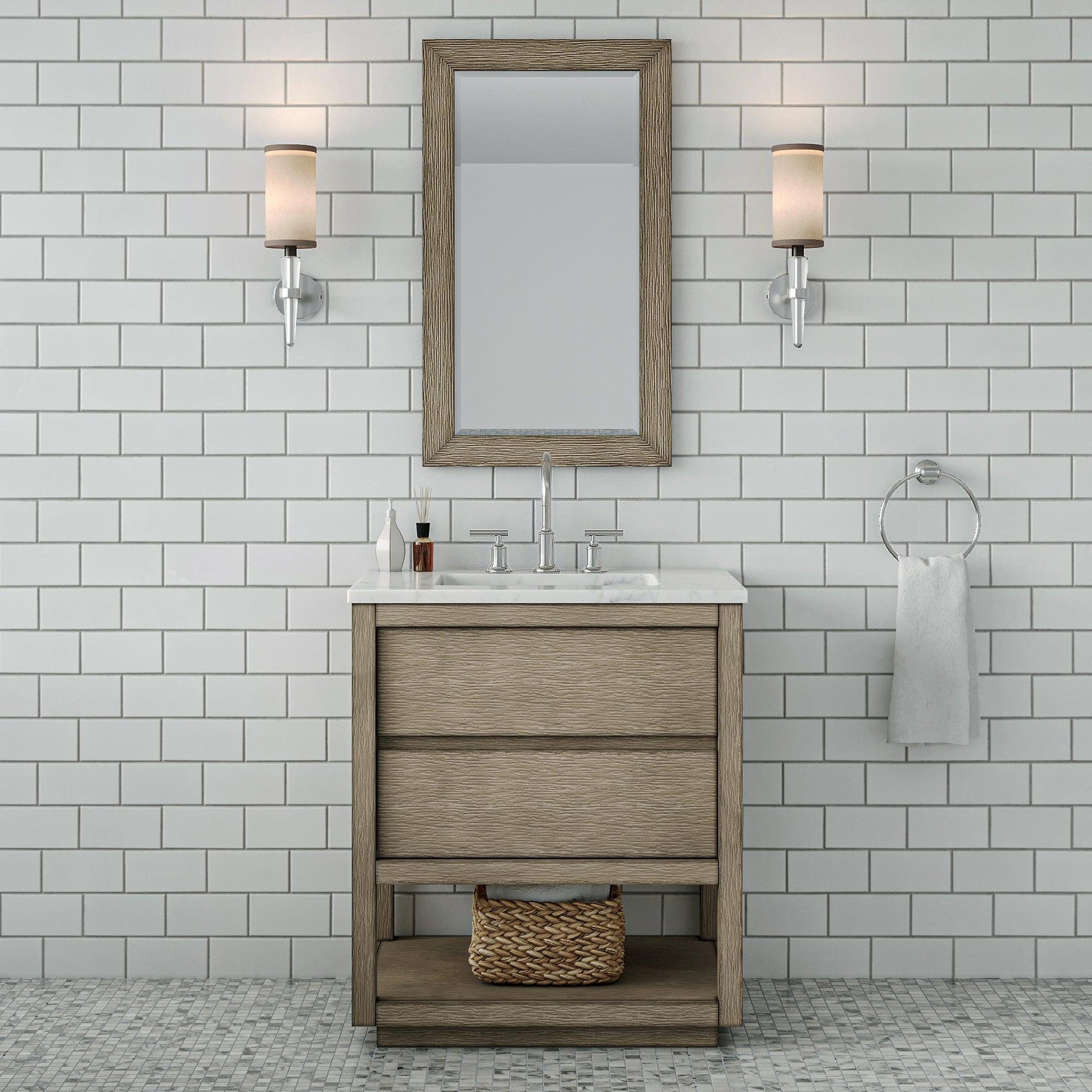 Water Creation Oakman 30" Single Sink Carrara White Marble Countertop Bath Vanity in Grey Oak with Chrome Faucet and Rectangular Mirror