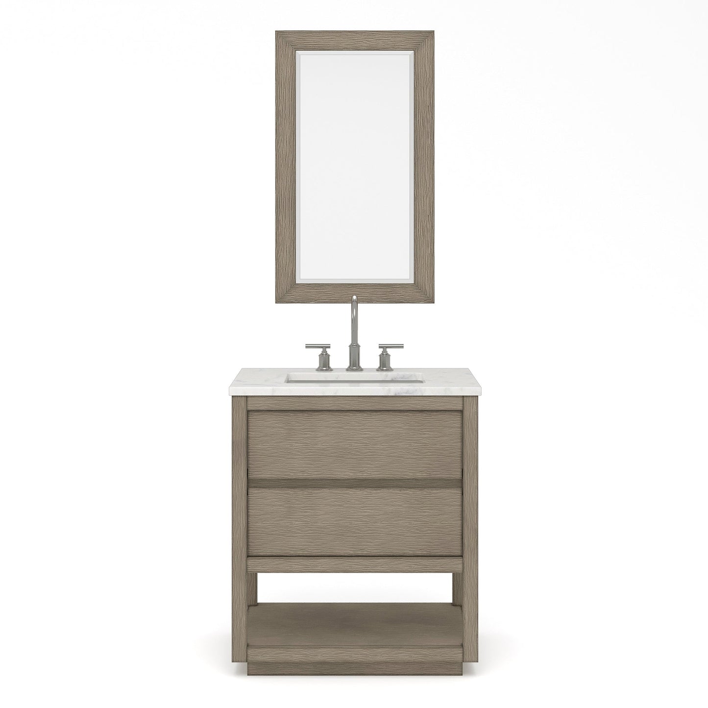 Water Creation Oakman 30" Single Sink Carrara White Marble Countertop Bath Vanity in Grey Oak with Chrome Faucet and Rectangular Mirror