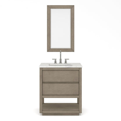 Water Creation Oakman 30" Single Sink Carrara White Marble Countertop Bath Vanity in Grey Oak with Chrome Faucet and Rectangular Mirror