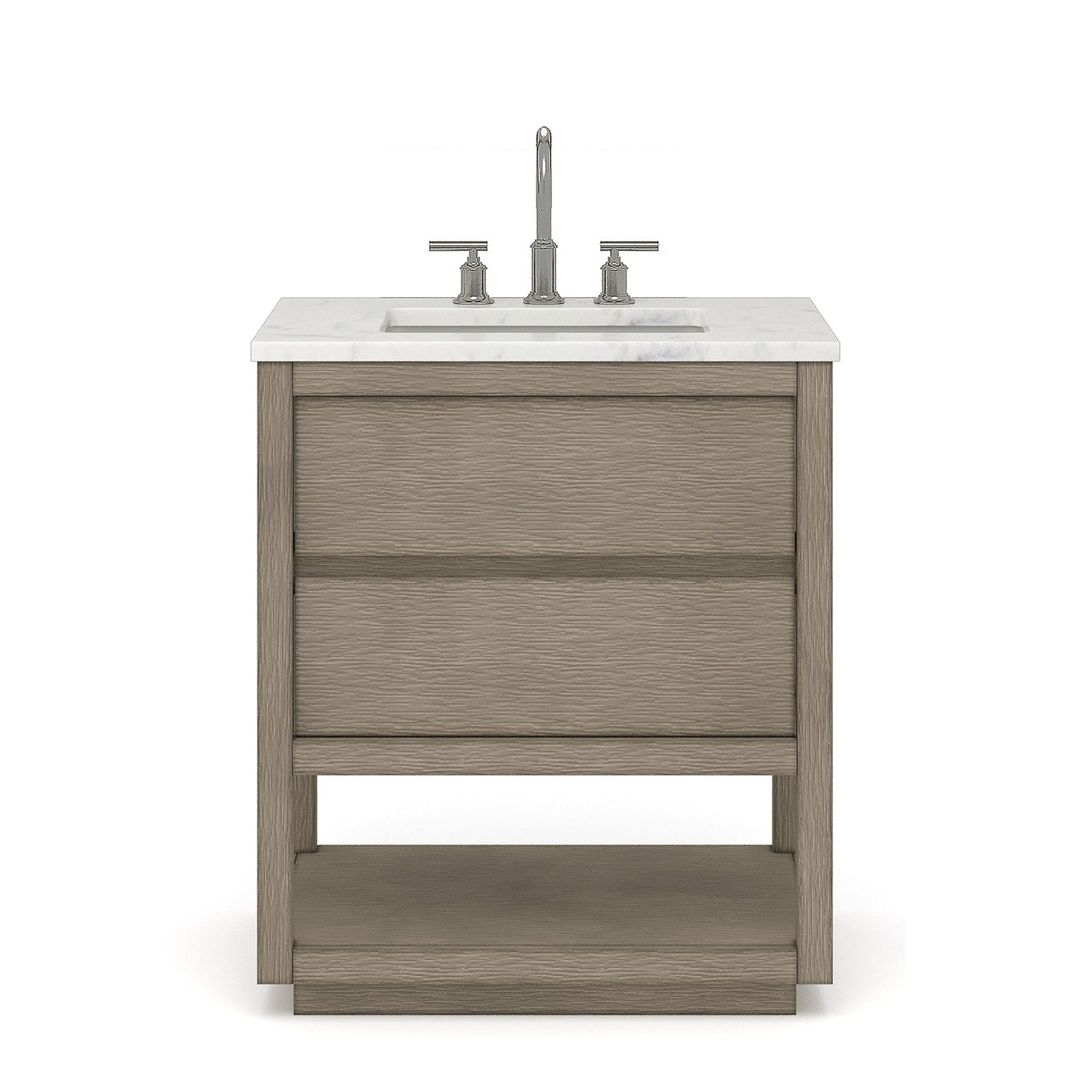 Water Creation Oakman 30" Single Sink Carrara White Marble Countertop Bath Vanity in Grey Oak with Chrome Faucet