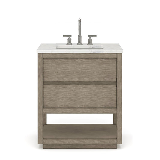 Water Creation Oakman 30" Single Sink Carrara White Marble Countertop Bath Vanity in Grey Oak with Chrome Faucet