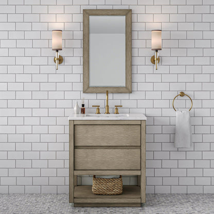 Water Creation Oakman 30" Single Sink Carrara White Marble Countertop Bath Vanity in Grey Oak with Gold Faucets