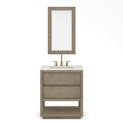 Water Creation Oakman 30" Single Sink Carrara White Marble Countertop Bath Vanity in Grey Oak with Gold Faucets and Rectangular Mirrors